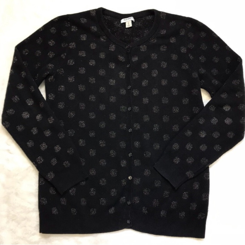 Old Navy black cardigan with gold polka dots. Size S